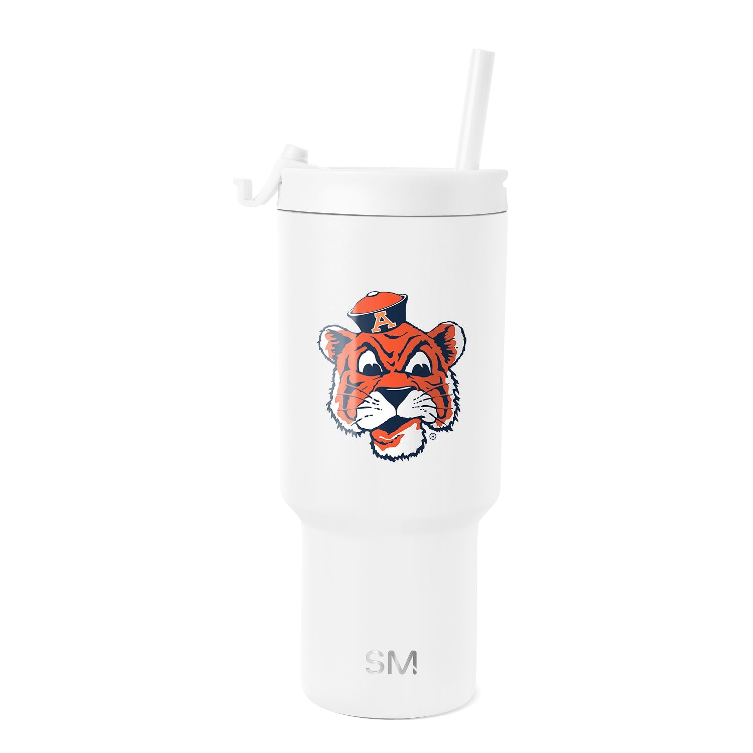 White tumbler with vibrant orange, navy blue, and black mascot graphic featuring white accents on front