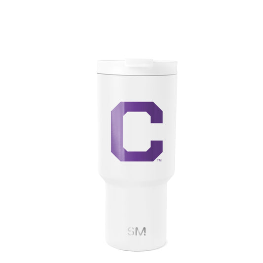 White insulated tumbler with purple gradient design, transitioning from light lavender on the left to deep purple, featuring the Clemson Venturer collection style.