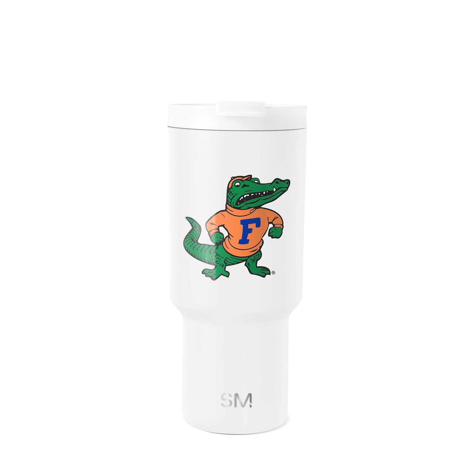 White insulated tumbler with wide cylindrical body, tapered bottom, and secure lid with removable white slider mechanism