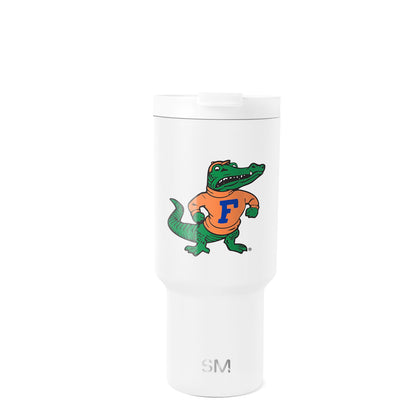 White insulated tumbler with wide cylindrical body, tapered bottom, and secure lid with removable white slider mechanism