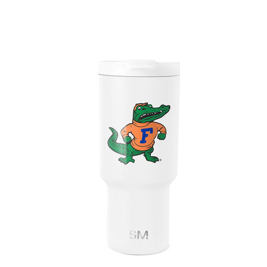 White insulated tumbler with wide cylindrical body, tapered bottom, and secure lid with removable white slider mechanism