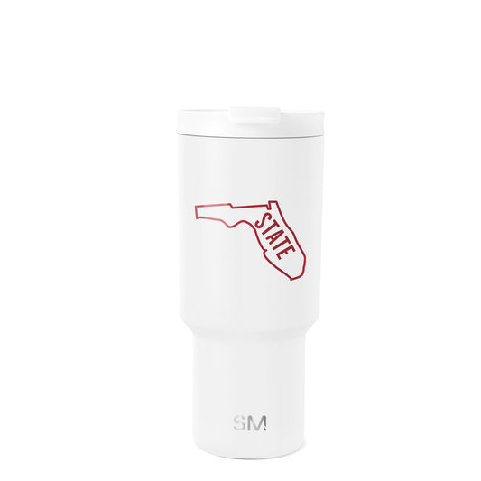 White insulated tumbler with burgundy line art design featuring decorative botanical and geometric patterns, viewed against a plain background.