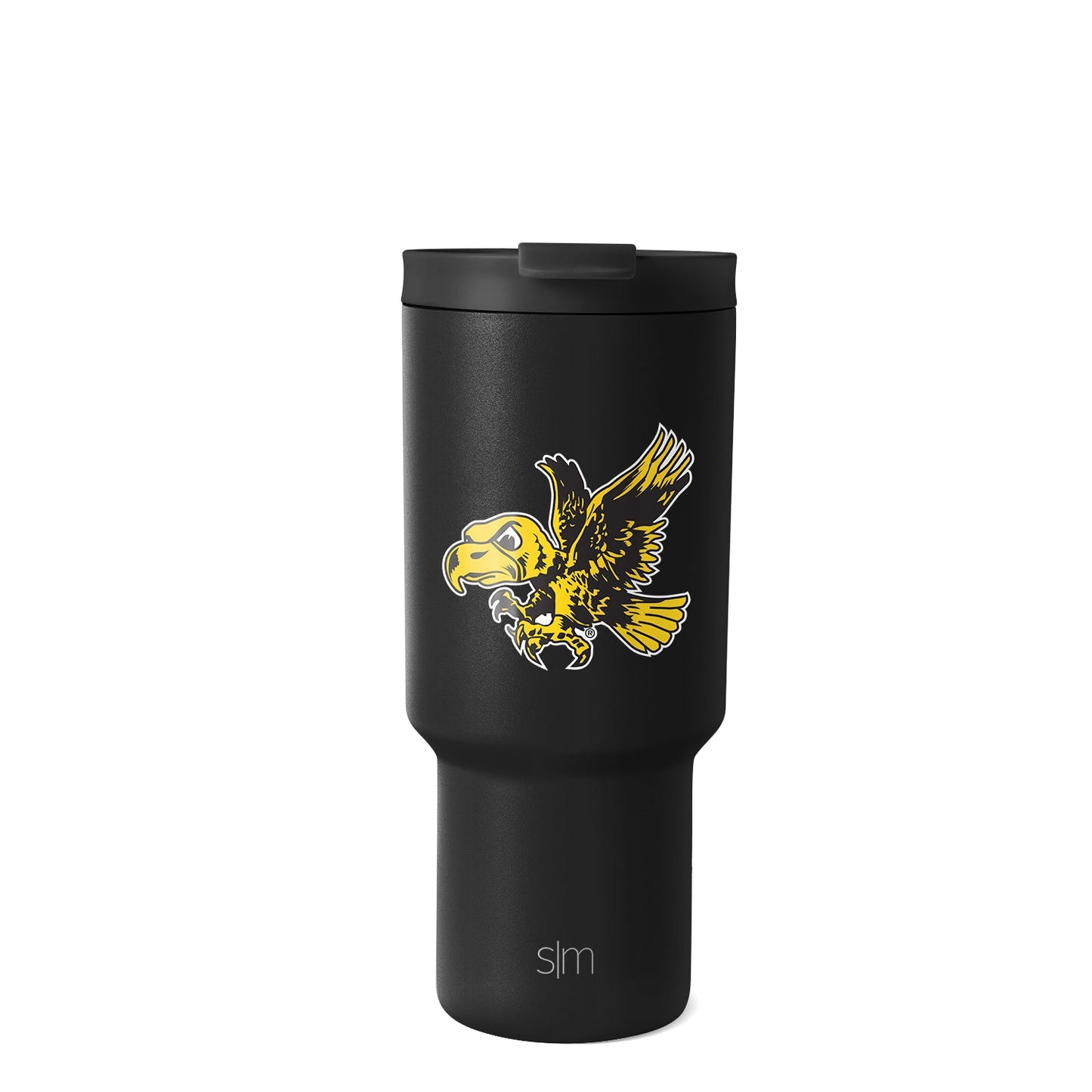 Matte black tumbler with vibrant gold eagle logo on white background. Iowa vintage design with gold and white accents.