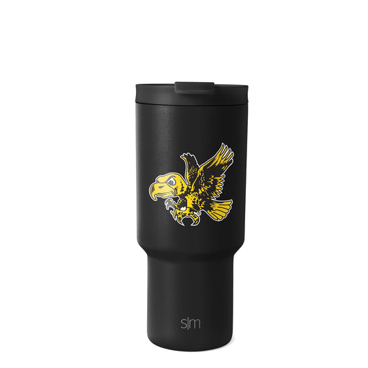 Matte black tumbler with vibrant gold eagle logo on white background. Iowa vintage design with gold and white accents.