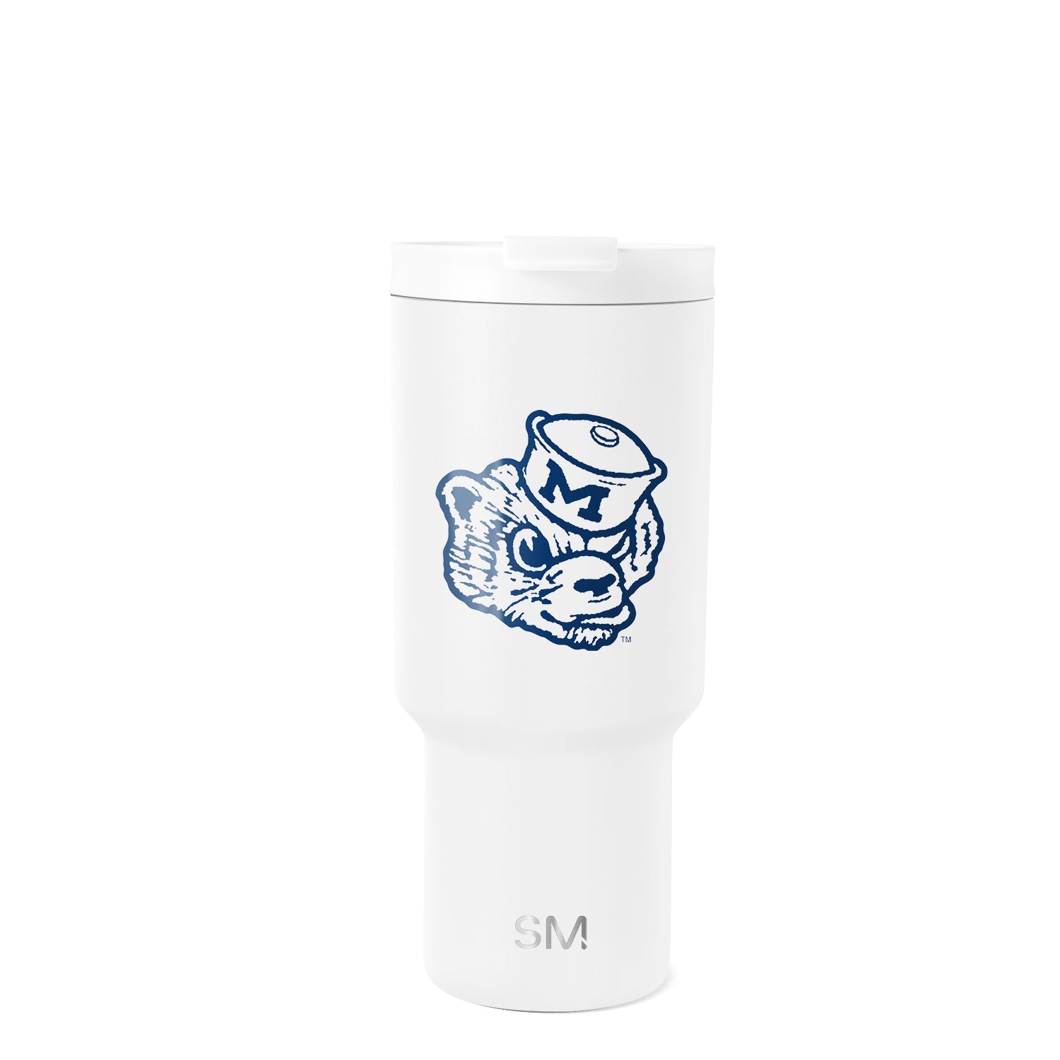 White cylindrical tumbler with navy and light blue graphic design on front, isolated on white background.