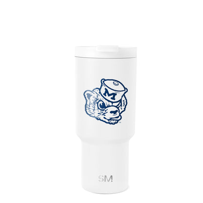 White cylindrical tumbler with navy and light blue graphic design on front, isolated on white background.
