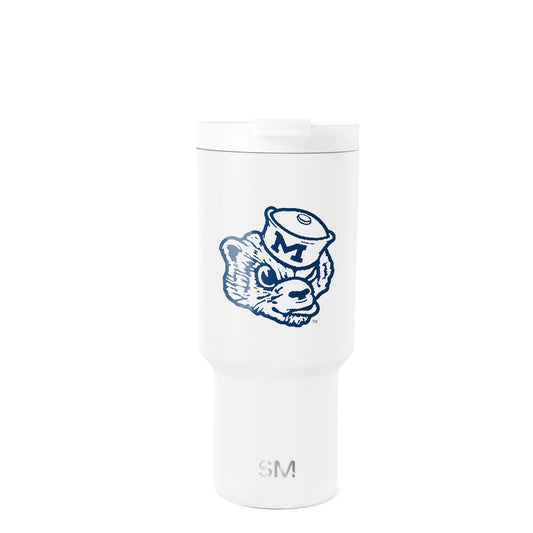 White cylindrical tumbler with navy and light blue graphic design on front, isolated on white background.