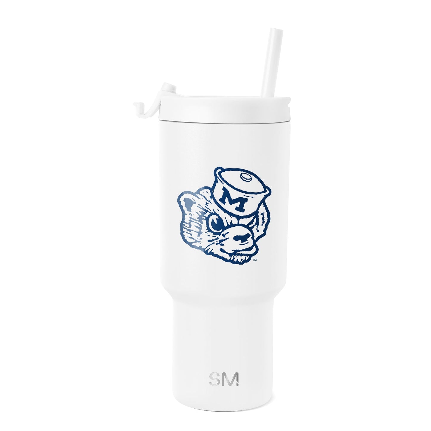 White tumbler with navy blue graphic illustration and branding details