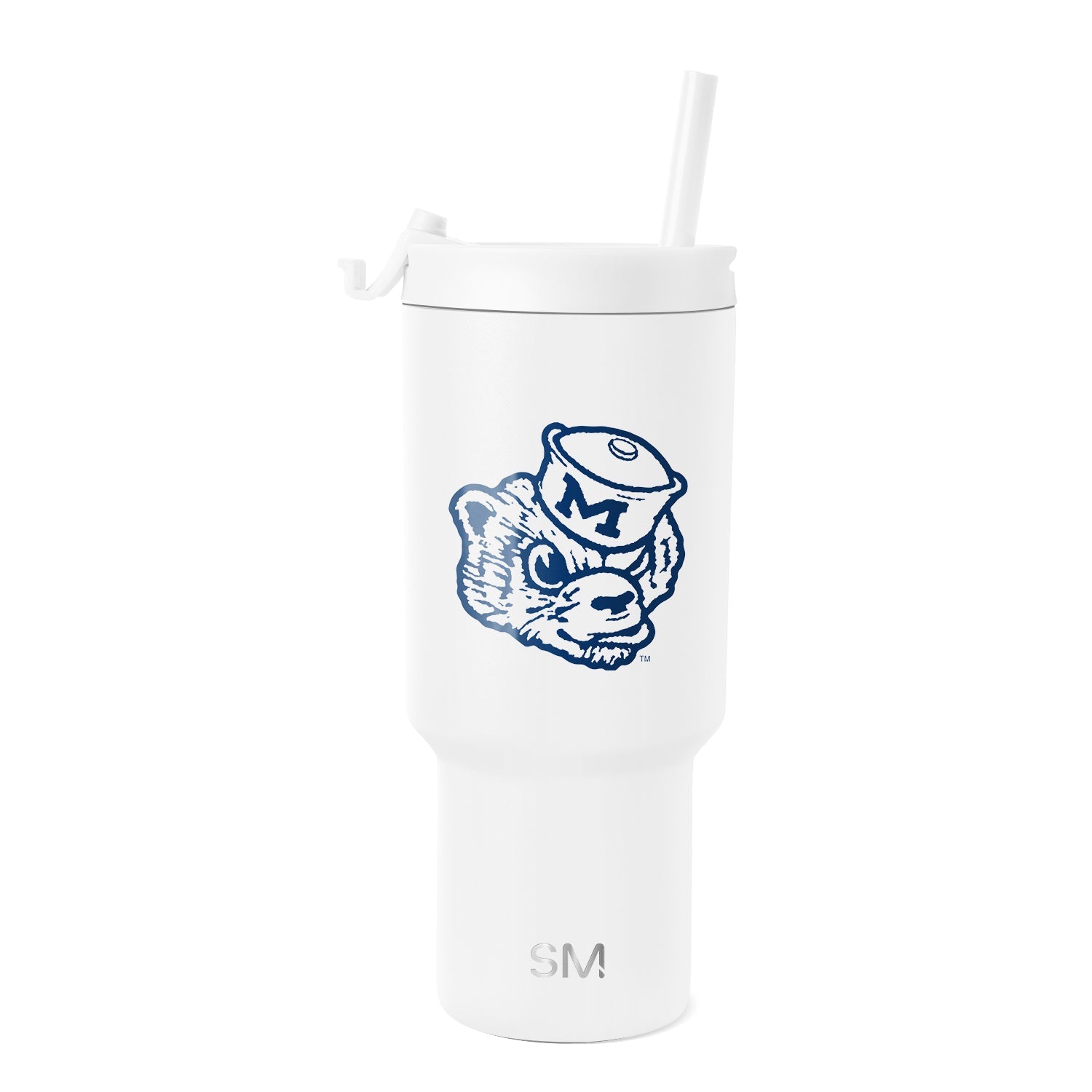 White tumbler with navy blue graphic illustration and branding details