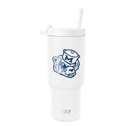 White tumbler with navy blue graphic illustration and branding details
