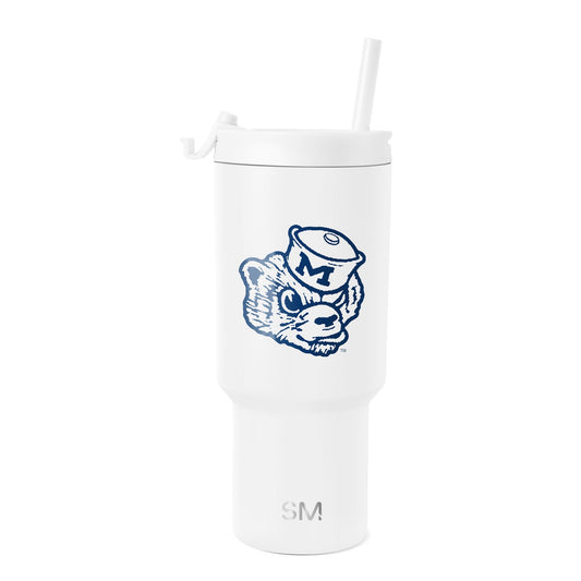 White tumbler with navy blue graphic illustration and branding details