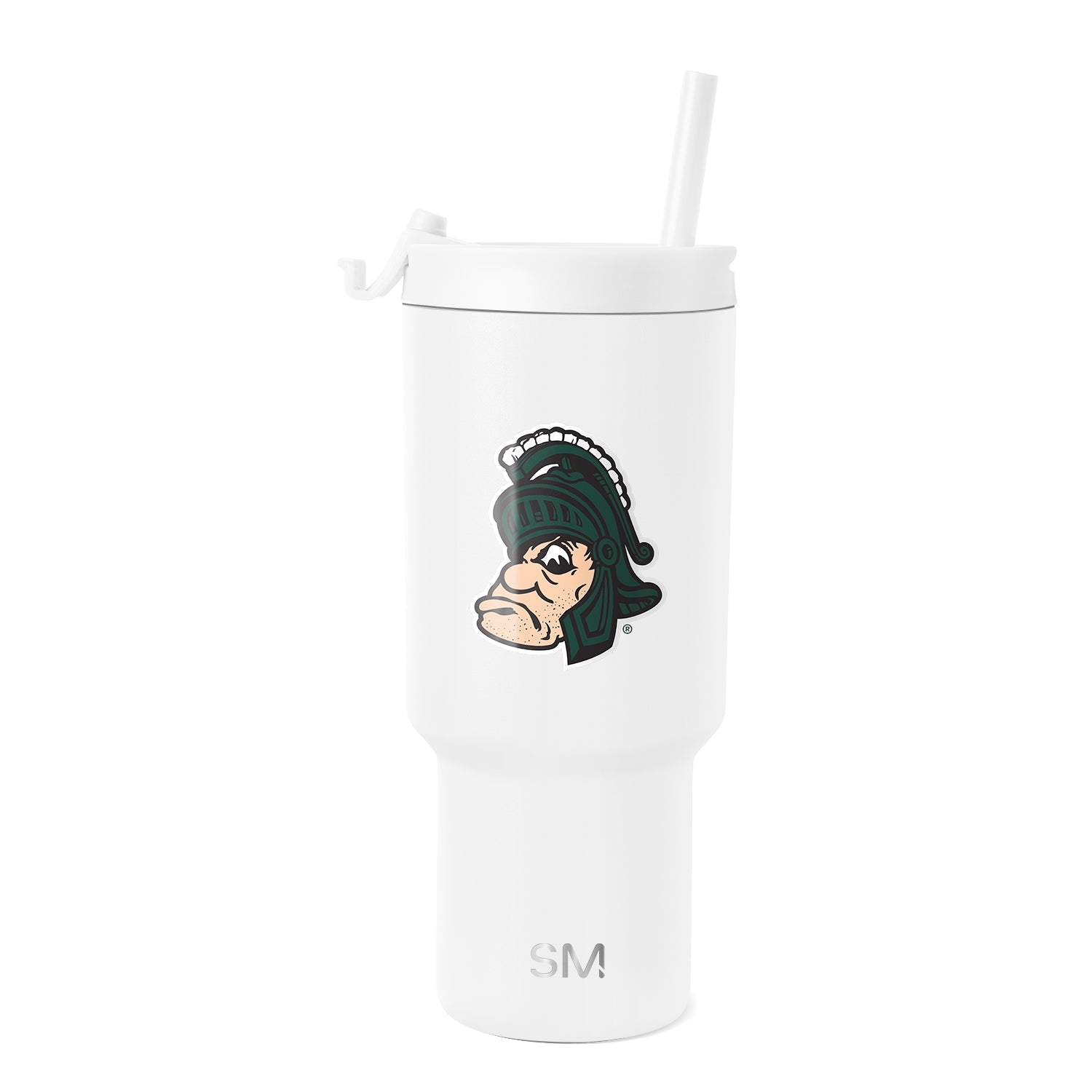 White 30-ounce insulated tumbler with sports mascot design and tapered bottom, shown against neutral background