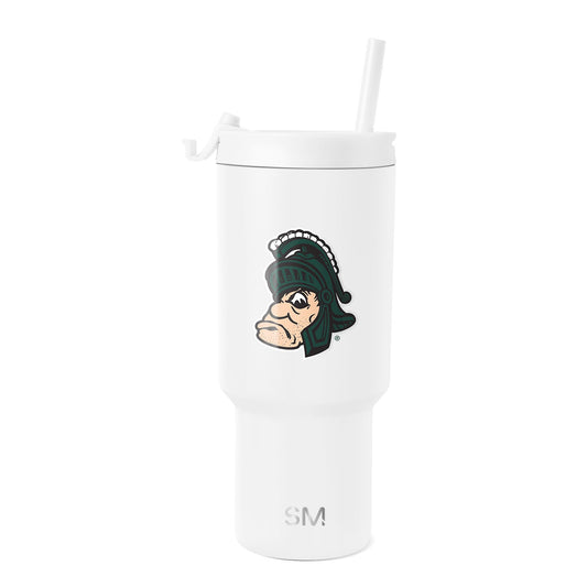 White 30-ounce insulated tumbler with sports mascot design and tapered bottom, shown against neutral background