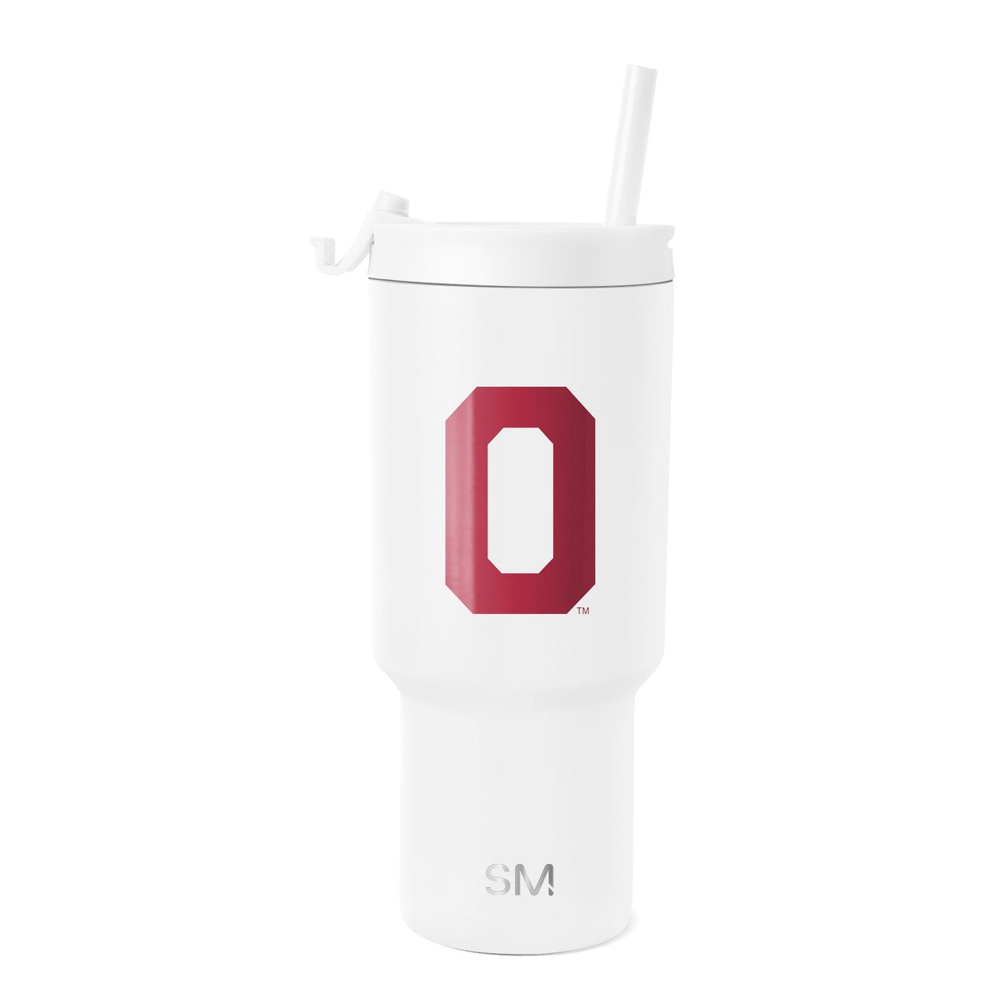 Small Oklahoma Sooners white tumbler with crimson red accents and logo design