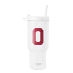 Small Oklahoma Sooners white tumbler with crimson red accents and logo design