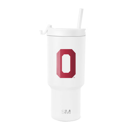 Small Oklahoma Sooners white tumbler with crimson red accents and logo design