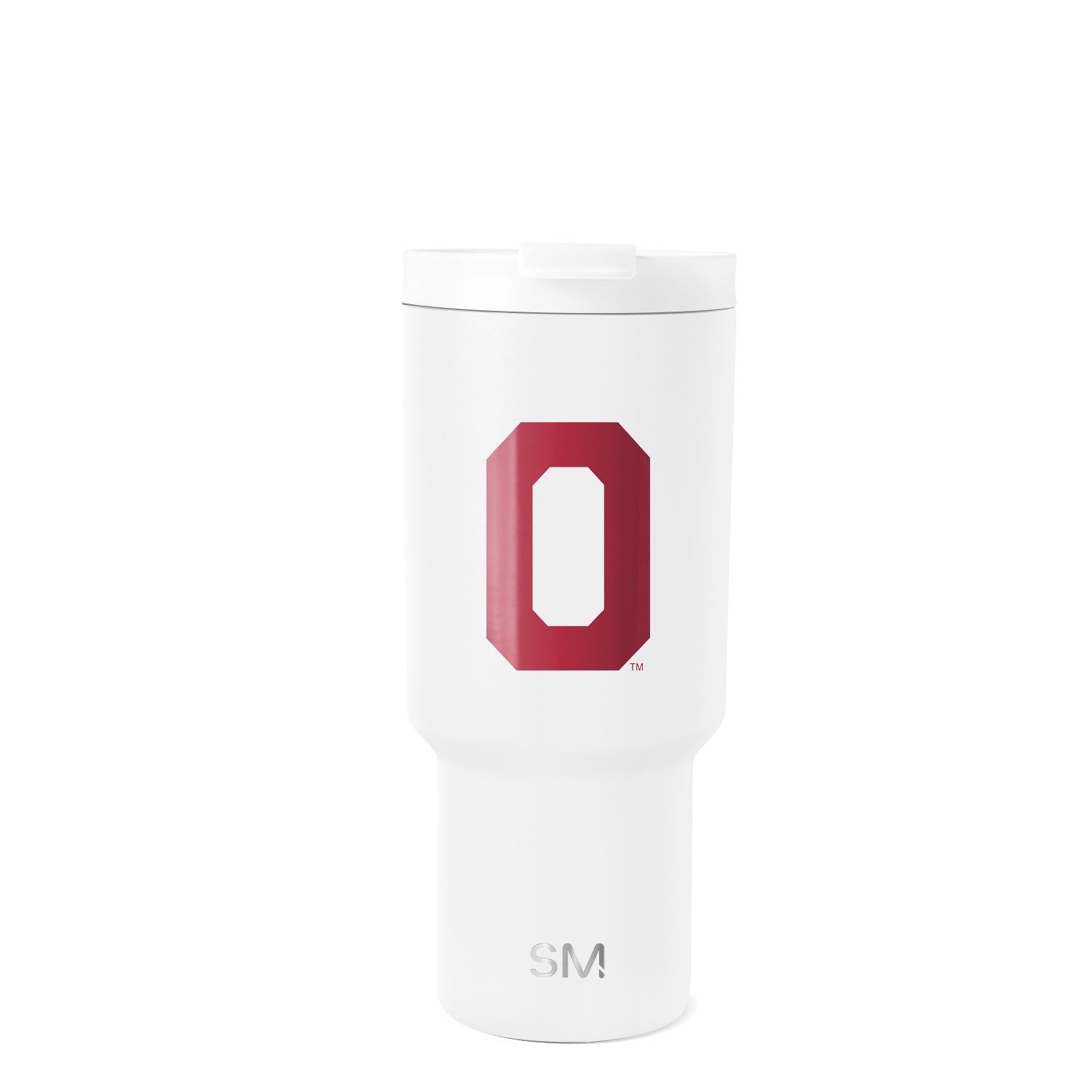 White tall cylindrical drinkware with deep crimson accents, SM Oklahoma Drinkware design
