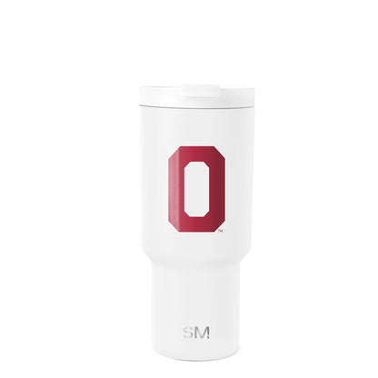 White tall cylindrical drinkware with deep crimson accents, SM Oklahoma Drinkware design