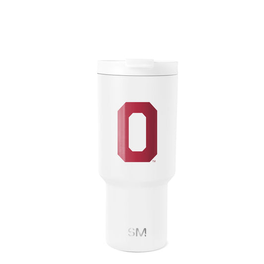White tall cylindrical drinkware with deep crimson accents, SM Oklahoma Drinkware design
