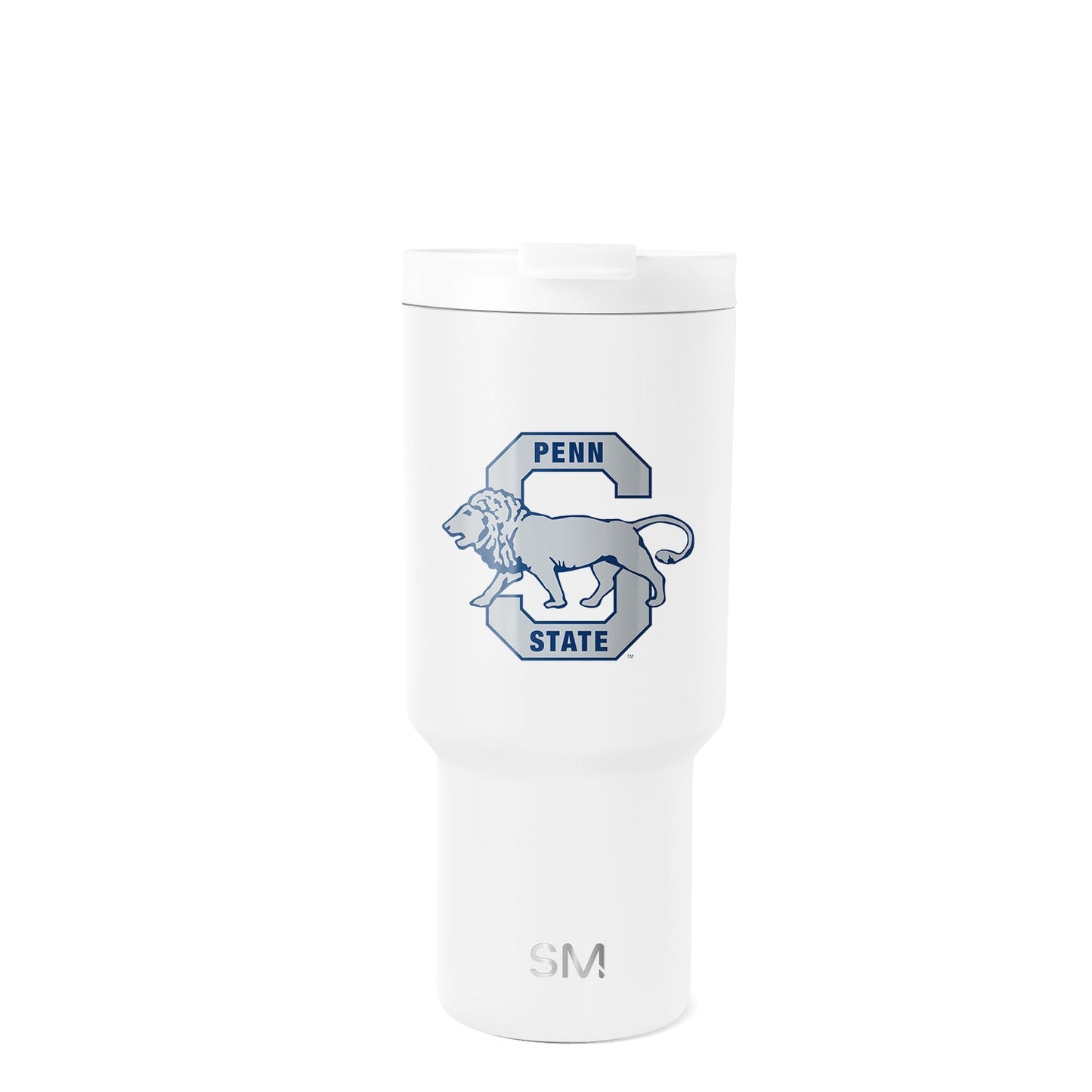 White drinkware with gray shading and a medium slate blue emblem accent