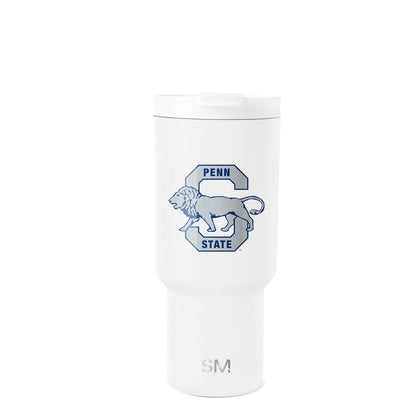White drinkware with gray shading and a medium slate blue emblem accent