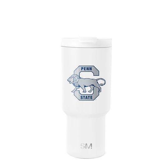 White drinkware with gray shading and a medium slate blue emblem accent