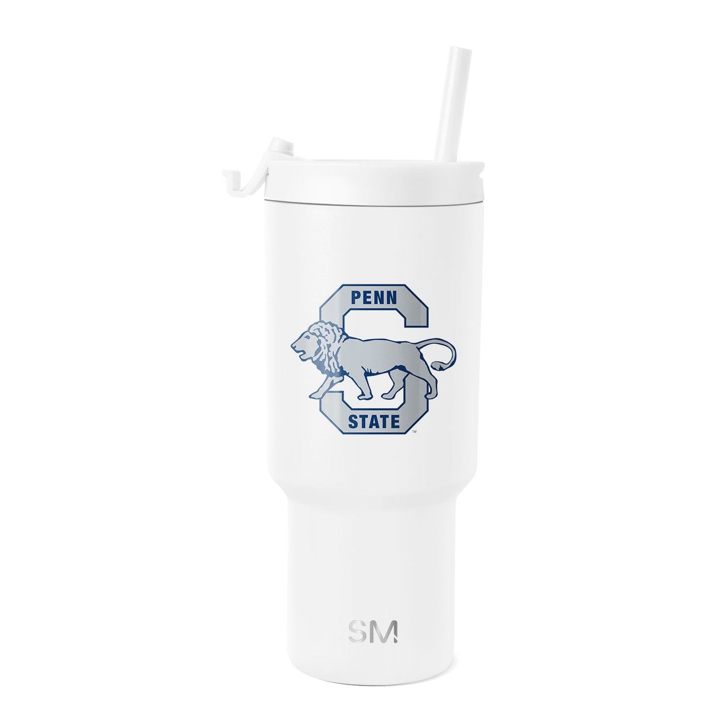 White insulated tumbler by Simple Modern with cylindrical shape, wide mouth opening, and white lid on light gray background.