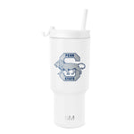 White insulated tumbler by Simple Modern with cylindrical shape, wide mouth opening, and white lid on light gray background.