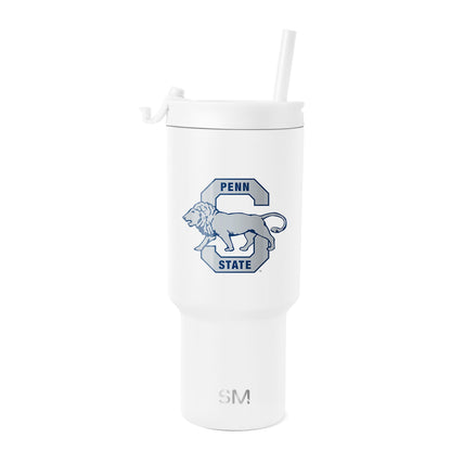 White insulated tumbler by Simple Modern with cylindrical shape, wide mouth opening, and white lid on light gray background.