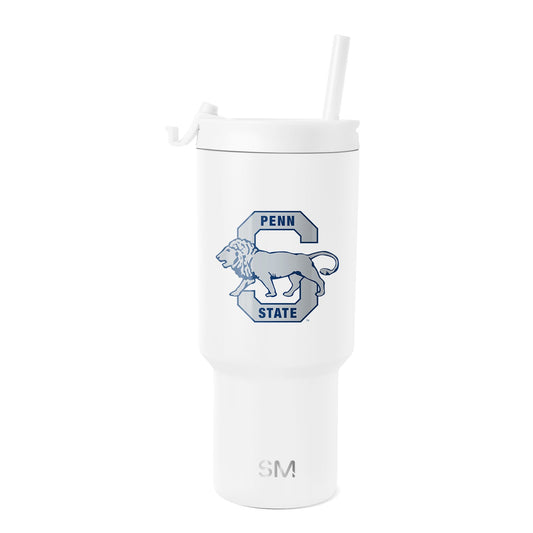 White insulated tumbler by Simple Modern with cylindrical shape, wide mouth opening, and white lid on light gray background.