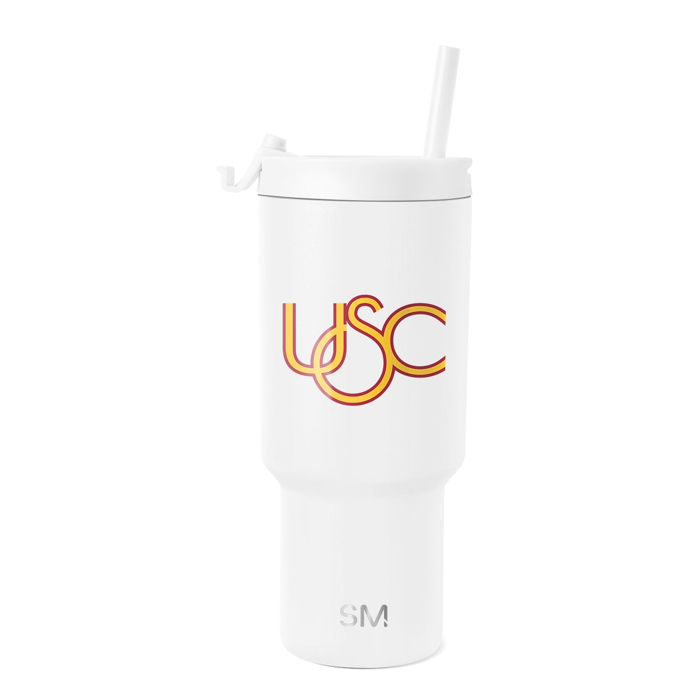White tumbler with bold yellow and red graphic design accent