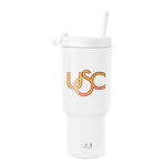 White tumbler with bold yellow and red graphic design accent