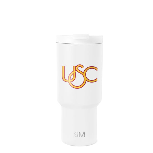 White insulated tumbler with tapered cylindrical design, wider at top narrowing toward base, Simple Modern Slim style product photography.