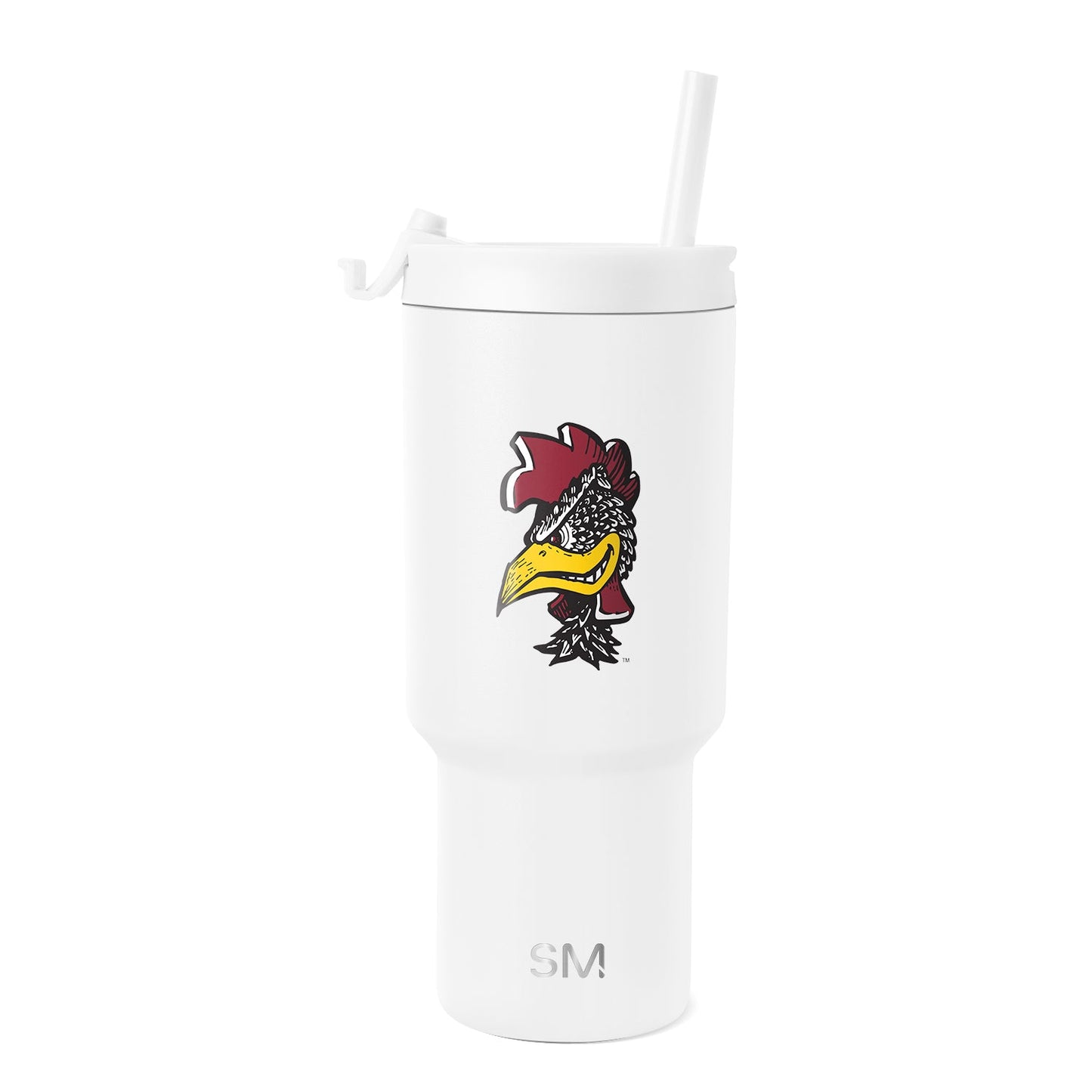 White insulated tumbler with lid and matching straw on white background