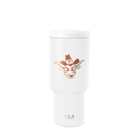 White tumbler with burnt orange graphic design and logo details