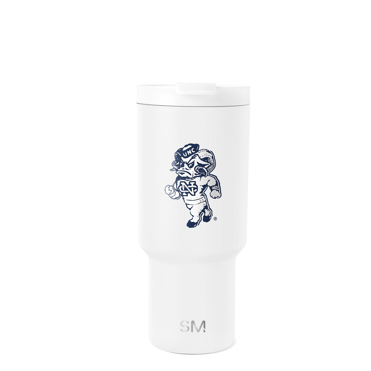 White Simple Modern tumbler with navy blue logo and graphic design elements on light gray background