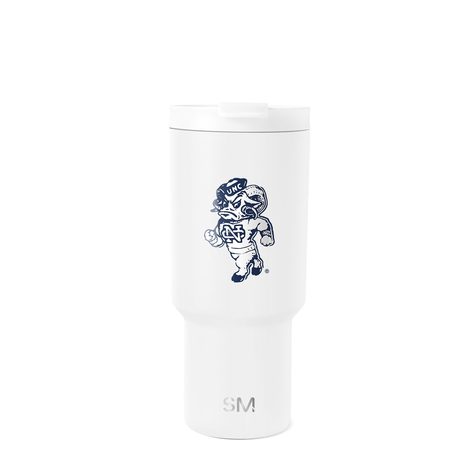 White Simple Modern tumbler with navy blue logo and graphic design elements on light gray background