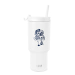 White insulated tumbler with straw, cylindrical tapered design, Simple Modern Summit style, photographed against light gray background.