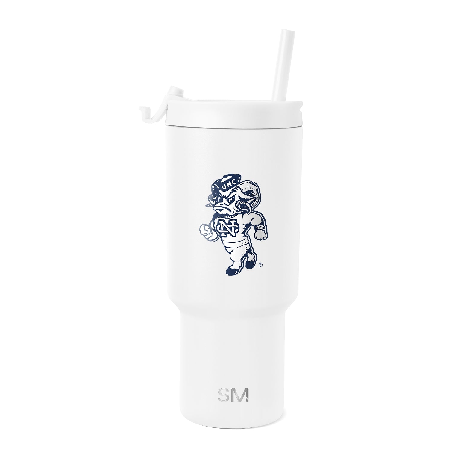 White insulated tumbler with straw, cylindrical tapered design, Simple Modern Summit style, photographed against light gray background.