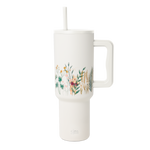 Cream-colored tumbler with botanical leaf design wrapping around the upper portion, modern minimalist style.