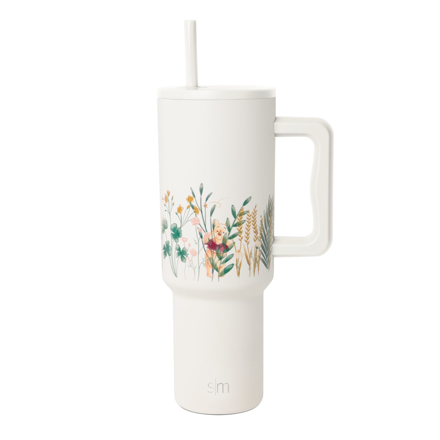Cream-colored tumbler with botanical leaf design wrapping around the upper portion, modern minimalist style.