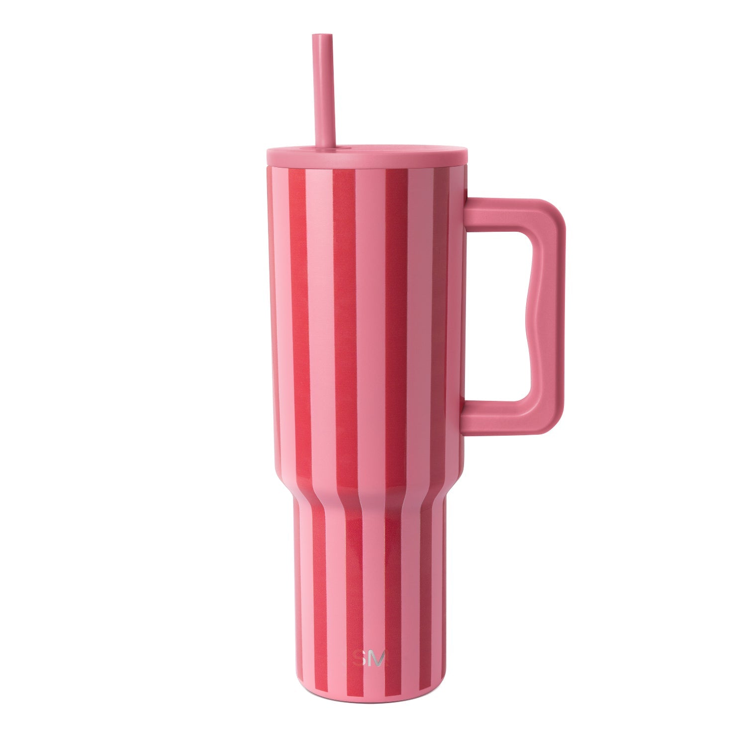 Modern tall tumbler with handle featuring vertical striped pattern in shades of pink, displayed against white background