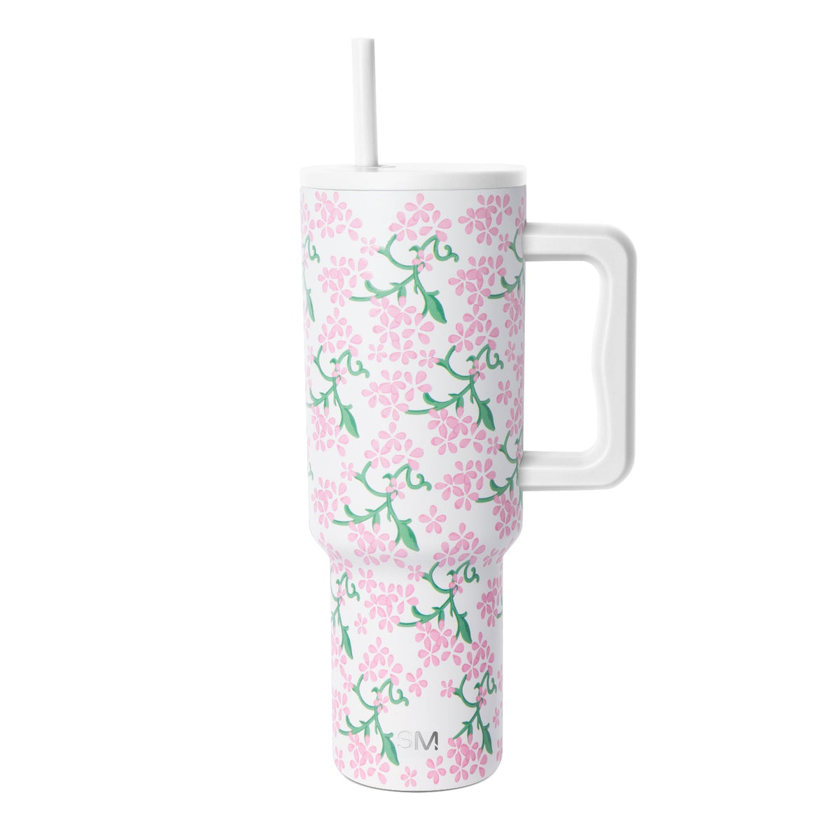 White insulated tumbler with handle and lid featuring pink flowers and green foliage pattern, Simple Modern logo, against white background.