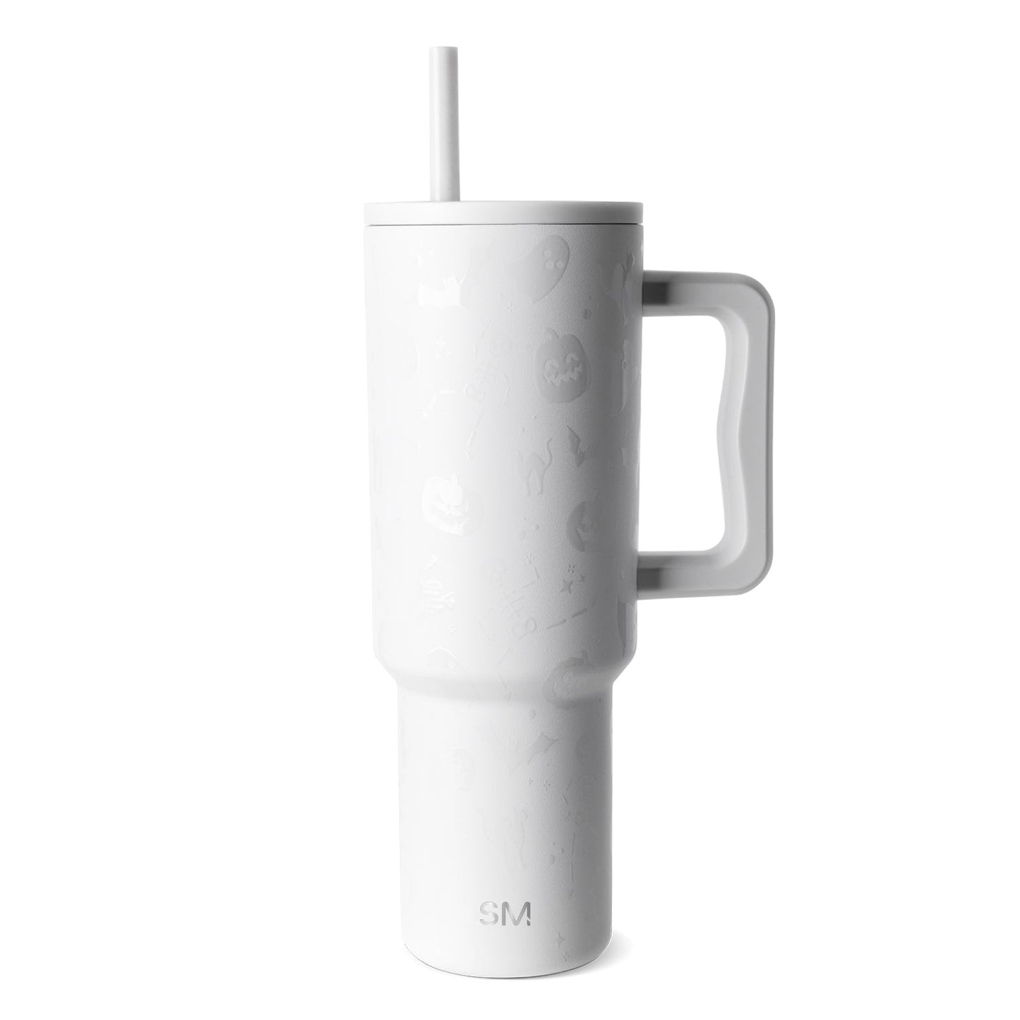 White stainless steel tumbler with matching white straw on light gray background