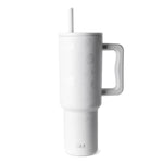 White stainless steel tumbler with matching white straw on light gray background