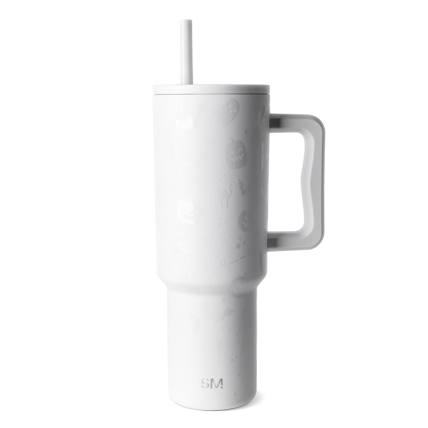 White stainless steel tumbler with matching white straw on light gray background