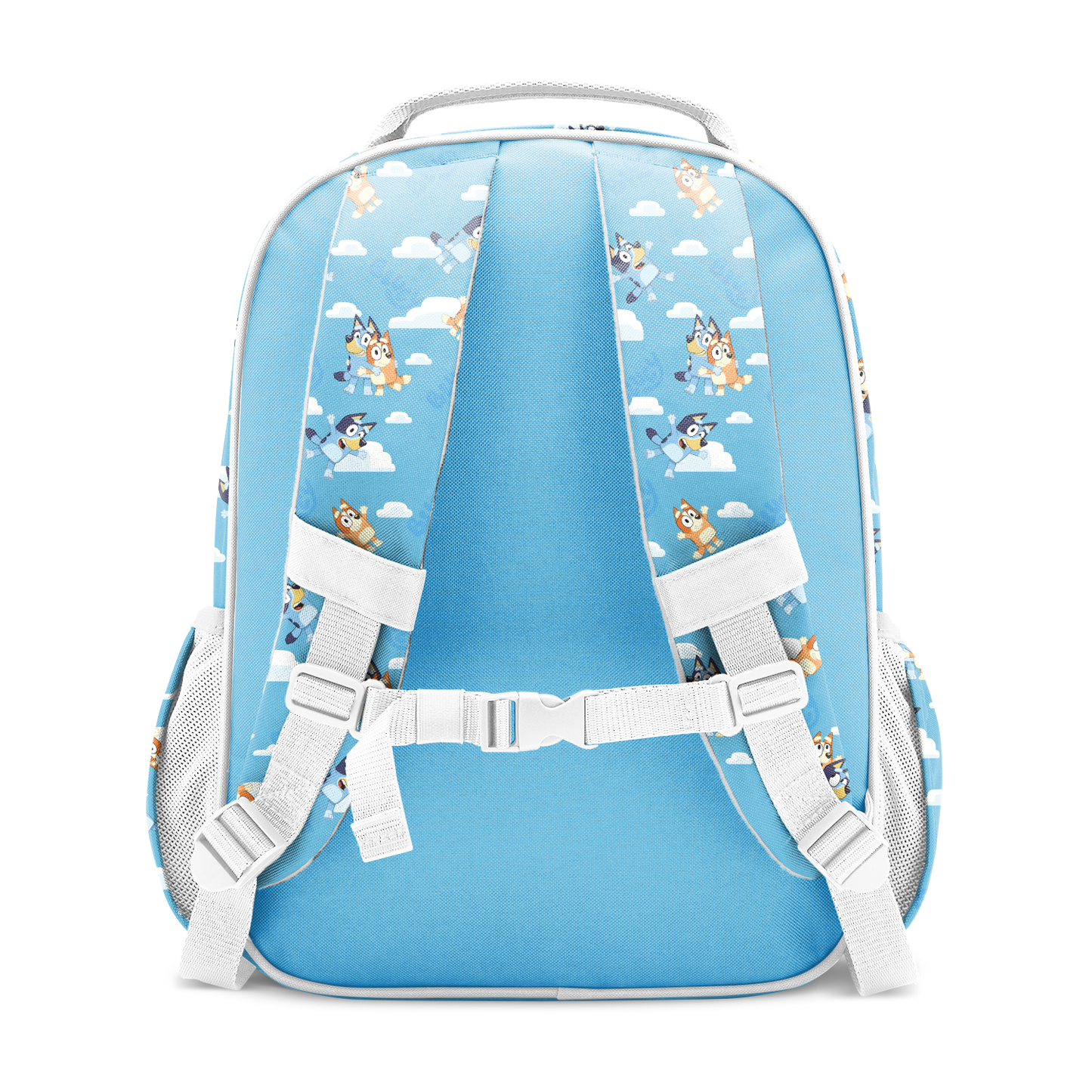 Sky blue backpack with white straps, trim, and mesh side panels, featuring illustrated characters and cloud motifs