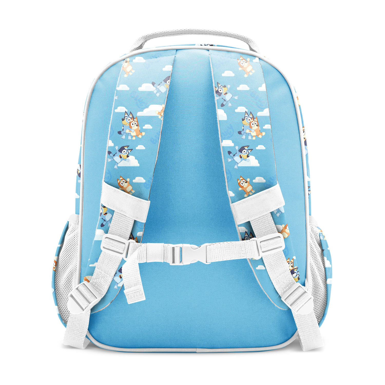 Sky blue backpack with white straps, trim, and mesh side panels, featuring illustrated characters and cloud motifs