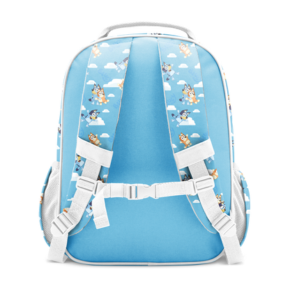 Sky blue backpack with white straps, trim, and mesh side panels, featuring illustrated characters and cloud motifs