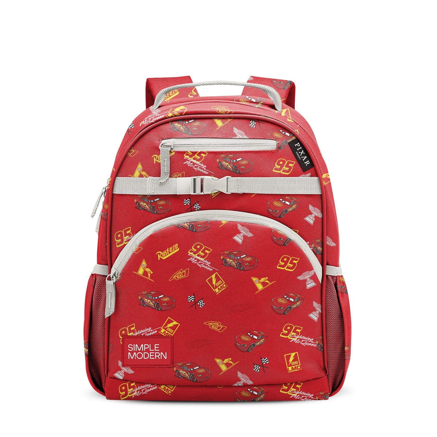 Red children's backpack with yellow racing graphics and gray webbing straps, featuring front zipper pocket, mesh side pockets, padded shoulder straps, and top carry handles.